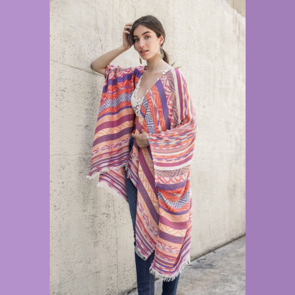 Boho Aztec Stripe Pink Purple Jacquard Summer Poncho Ruana with Fringe ONE SIZE - Picture 3 of 4